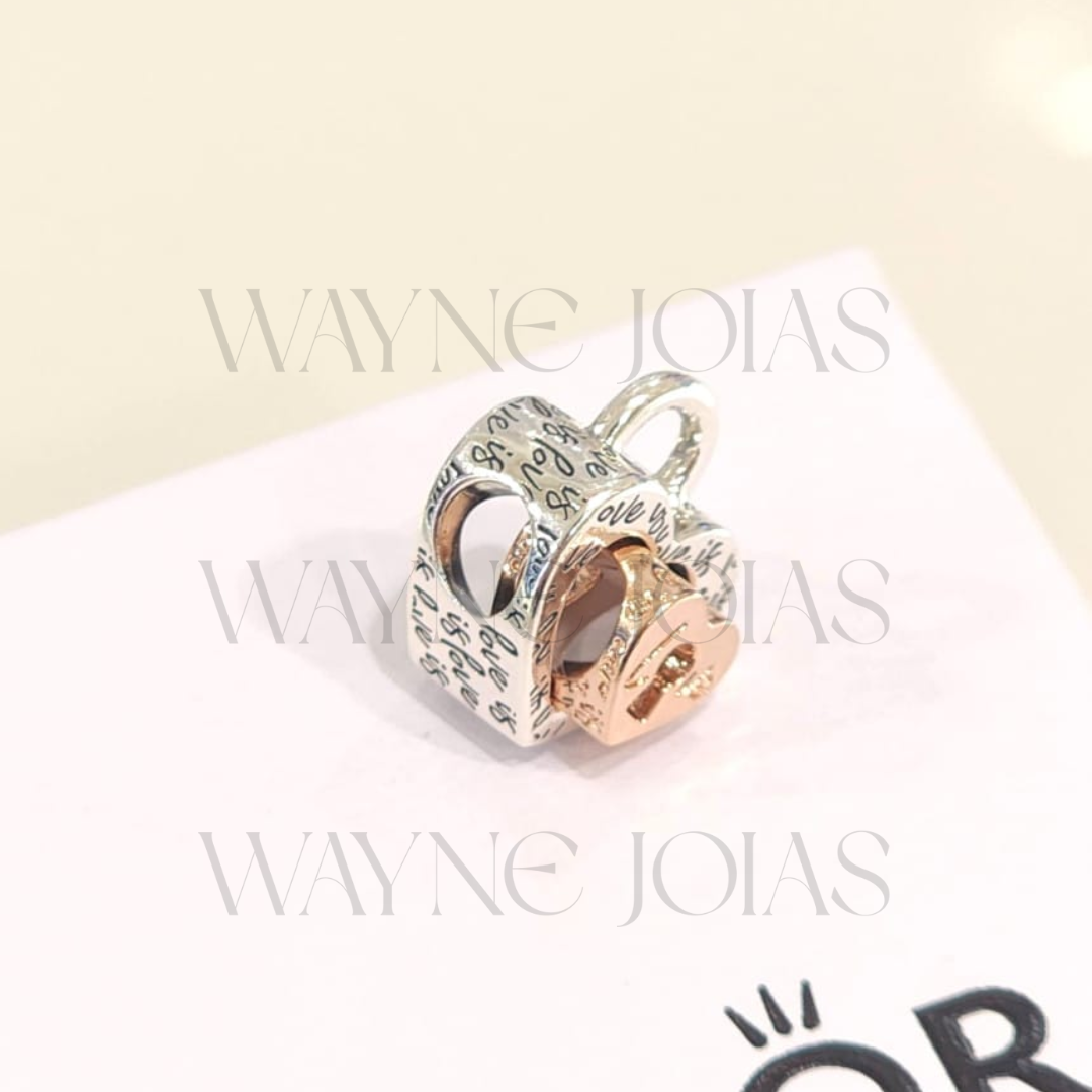 Charm de coração divisível com cadeado prata e rose