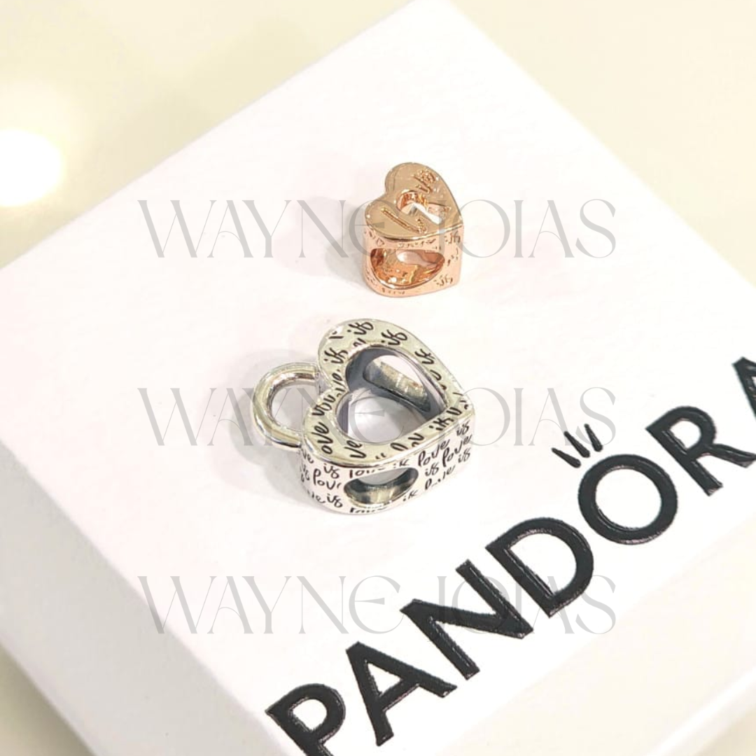 Charm de coração divisível com cadeado prata e rose