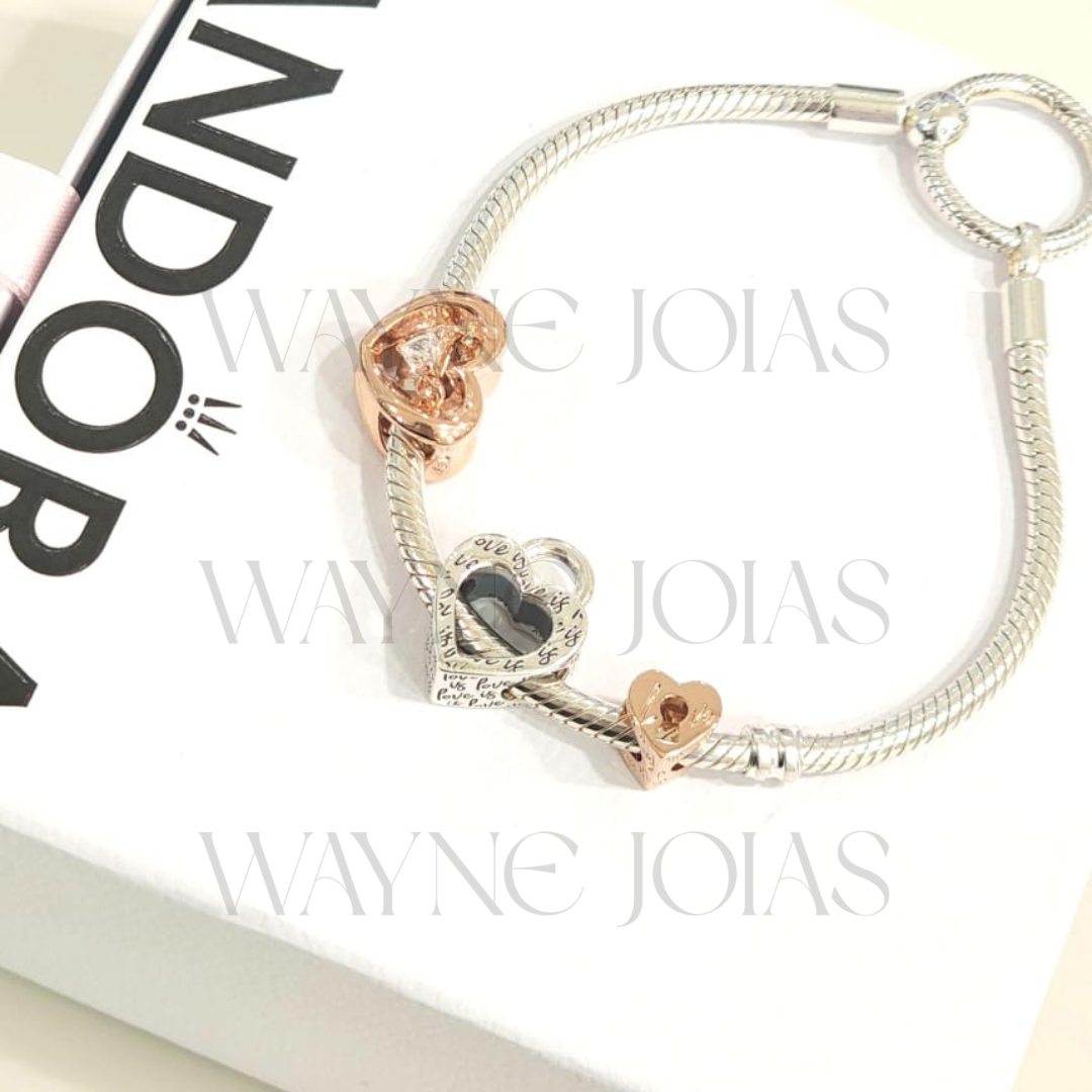 Charm de coração divisível com cadeado prata e rose