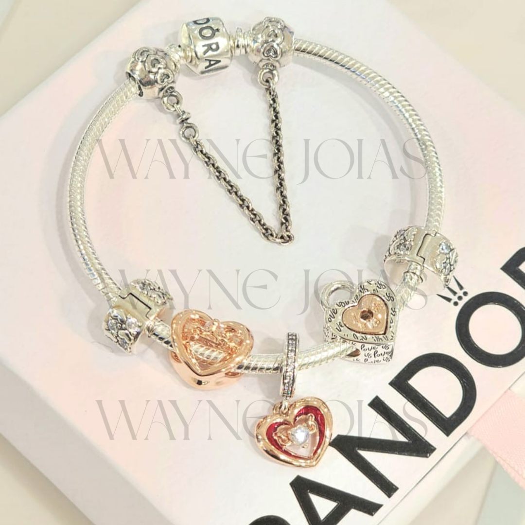 Charm de coração divisível com cadeado prata e rose