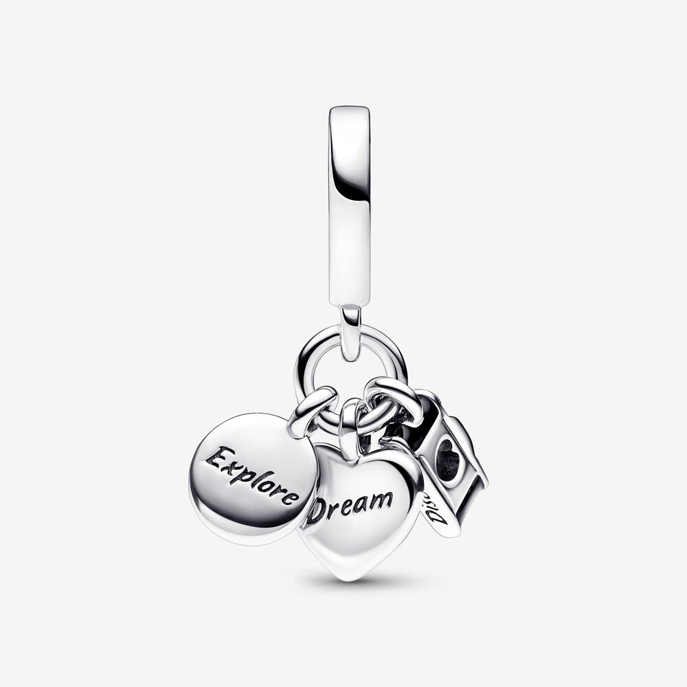 Charm Triplo Câmera, Coração e Bússola