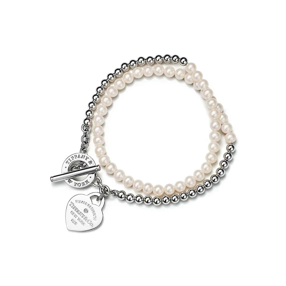 Pulseira Contas, Perolas e Coração Brilhante