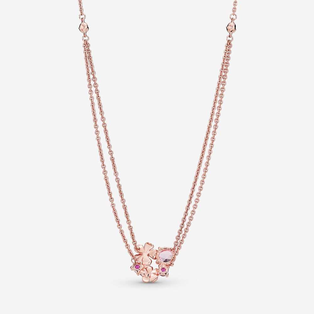 Colar de Corrente Dupla de Flor de Pêssego Rosa - Wayne  Joias